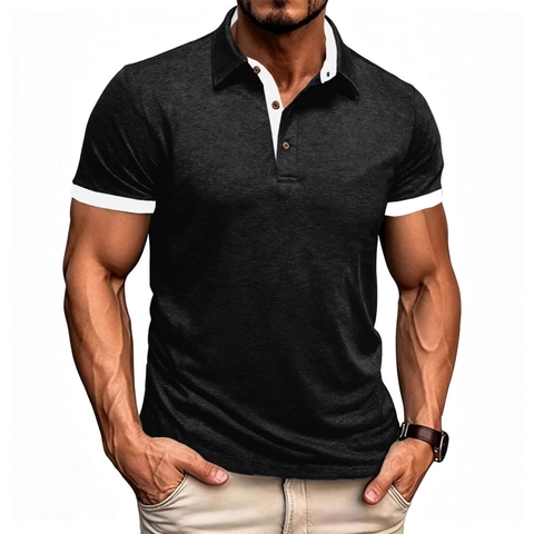 Herren Slim Fit Kurzarm Polo Shirt Kontrastkragen Baumwollmischung Melierte Textur Casual Business Top Für Alltag Büro