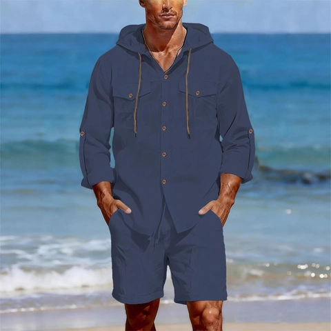 Men's Linen Blend Casual Hooded Button Down Shirt And Drawstring Shorts Summer Beach Vacation Outfit Top And Pants