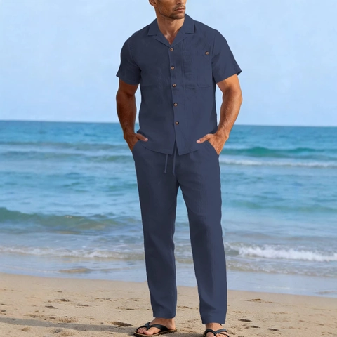 Men's Linen Casual Top And Bottom Breathable Short Sleeve Shirt Drawstring Trousers Minimalist Summer Beach Vacation Outfit