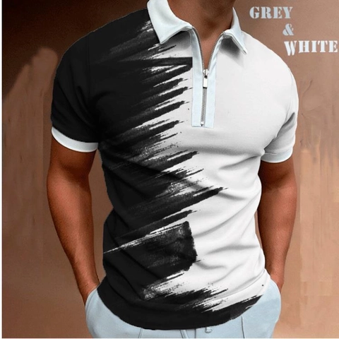 Men's Casual Short Sleeve Polo Shirt Zipper Placket Contrast Collar Marble Camouflage Flame Printed Streetwear Fashion Top
