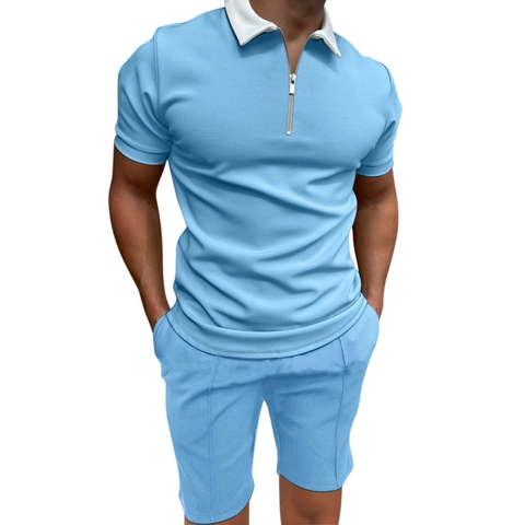 Atuendo Casual de Verano para Hombre Polo de Manga Corta con Cremallera Y Pantalones Cortos Cuello en Contraste Transpirable Mezcla de Algodón