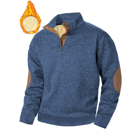 Men's Stand Collar Knitted Sweater Sherpa Fleece Lined Warm Winter Pullover With Elbow Patches Long Sleeve Casual Button Top