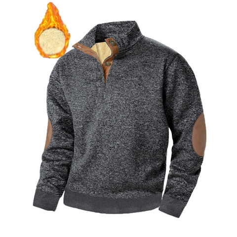 Men's Stand Collar Knitted Sweater Sherpa Fleece Lined Warm Winter Pullover With Elbow Patches Long Sleeve Casual Button Top
