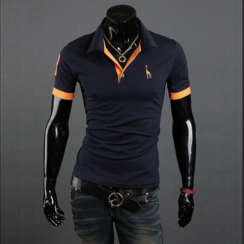Men's Slim Fit Polo Shirt Short Sleeve Cotton Blend Contrast Color Collar Giraffe Embroidered Casual Top