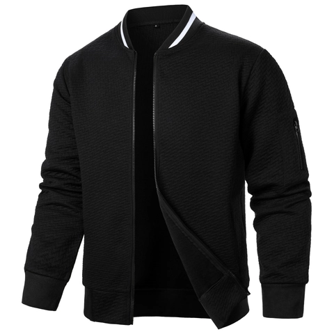 Men's Casual Bomber Jacket Diamond Texture Full Zipper Stand Collar With White Stripes Sleeve Pocket Fashion Outerwear Jacket