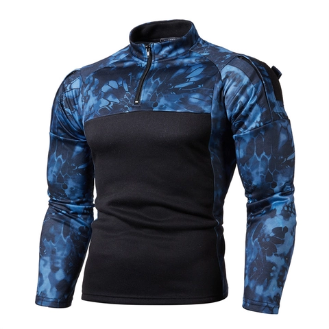 Men Long Sleeve Tactical Combat Shirt Camouflage Patchwork Outdoor Training Top Quarter Zip Quick Dry Hiking Apparel