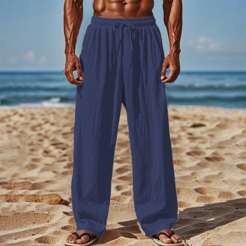 Men Casual Linen Cotton Blend Pants Elastic Drawstring Waist Straight Leg Loose Fit Beach Vacation Summer Trousers