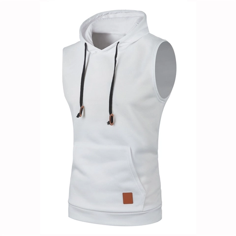 Gilet da Uomo Casual con Cappuccio Senza Maniche in Misto Cotone Melangiato Felpa Top con Tasca a Canguro e Toppa in Pelle