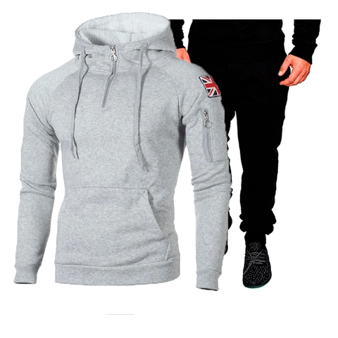 Survêtement Homme Décontracté en Polaire à Capuche et Pantalon Demi-fermeture Éclair Écusson Drapeau Britannique Sportif Chaud Haut et Bas