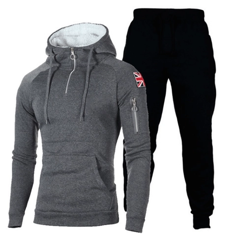Survêtement Homme Décontracté en Polaire à Capuche et Pantalon Demi-fermeture Éclair Écusson Drapeau Britannique Sportif Chaud Haut et Bas