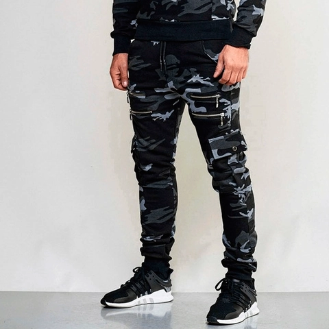 Pantalón Jogger Cargo de Camuflaje Ajustado para Hombre Con Cordón Multibolsillos Decoración de Cremallera Pantalón Deportivo