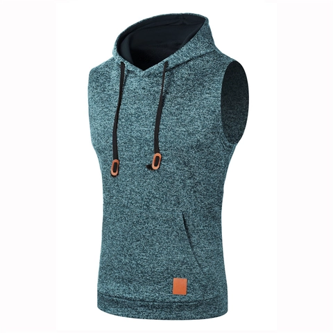 Gilet da Uomo Casual con Cappuccio Senza Maniche in Misto Cotone Melangiato Felpa Top con Tasca a Canguro e Toppa in Pelle