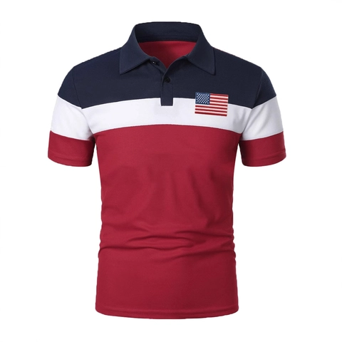 Herren Casual Kurzarm Polo Shirt Farbblock Piqué Baumwolle Atmungsaktives Oberteil Mit Amerikanischer Flagge Stickerei