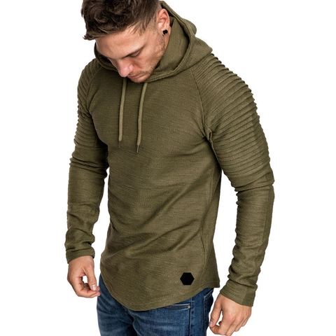 Felpa con Cappuccio da Uomo Slim Fit Manica Lunga Spalle a Pieghe a Costine Orlo Curvo Pullover Casual Moda Giovane Tinta Unita