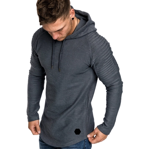Felpa con Cappuccio da Uomo Slim Fit Manica Lunga Spalle a Pieghe a Costine Orlo Curvo Pullover Casual Moda Giovane Tinta Unita