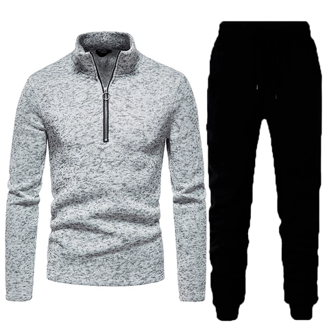 Heren Casual Sport Tweedelig Set Polyester Halve Rits Opstaande Kraag Pullover En Zwarte Joggingbroek Outfit