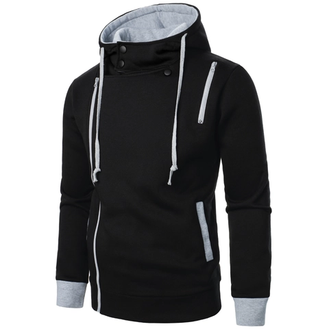 Felpa con Cappuccio da Uomo con Cerniera Laterale Colore a Contrasto Collo con Bottoni Manica Lunga Casual Sportivo Giacca