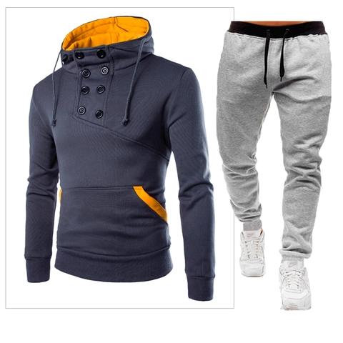 Heren Mode Fleece Hoodie Outfit Double Breasted Slim Fit Sweatshirt Met Contrast Gele Accenten Sport Broek