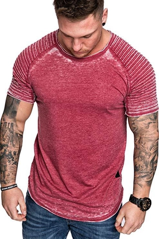 Herren Slim Fit Acid Wash T-Shirt Mit Gerippten Falten Schultern Vintage Distressed Kurzarm Abgerundetem Saum Rundhals Top
