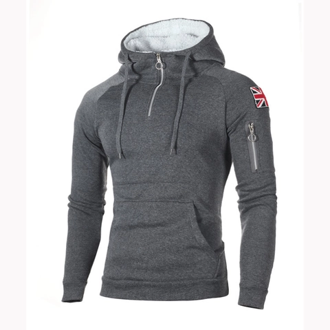 Sudadera con Capucha Informal para Hombre Forrada de Polar con Parche de Bandera Bolsillo en Manga Cuello con Cremallera Sudadera Cálida con Bolsillo de Canguro