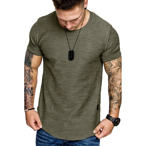 Men's Casual Short Sleeve T-Shirt Solid Color Knitted Texture Polyester Crew Neck Curved Hem Fashion Sportswear Slim Fit Top