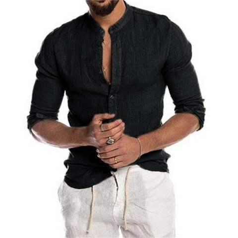 Herren Casual Leinen Baumwollmischung Hemd Langarm Stehkragen Einfarbig Atmungsaktiv Sommer Urlaub Strand Tops Für Herren