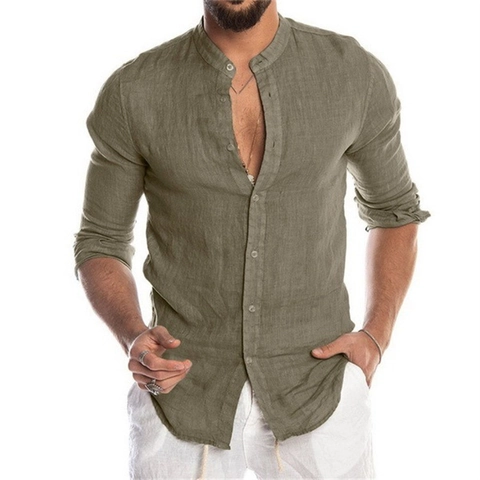Herren Casual Leinen Baumwollmischung Hemd Langarm Stehkragen Einfarbig Atmungsaktiv Sommer Urlaub Strand Tops Für Herren