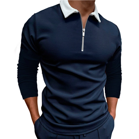 Men Fashion Long Sleeve Polo Shirt Contrast Color Quarter Zip Lapel Top Slim Fit Polyester Blend Pullover For Casual Daily