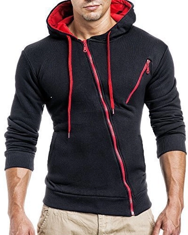 Heren Asymmetrische Diagonale Rits Hoodie Contrastvoering Slim Fit Casual Katoenmix Lange Mouw Pullover Top
