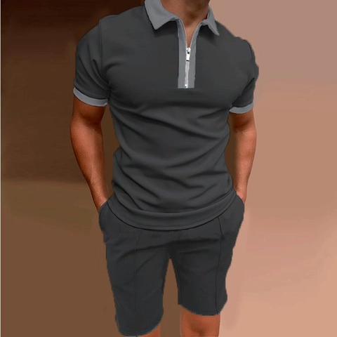 Men Zipped Polo Shirt And Shorts Casual Sportswear Contrast Color Knitted Summer Tracksuit For Outdoor Gym Daily Outfits