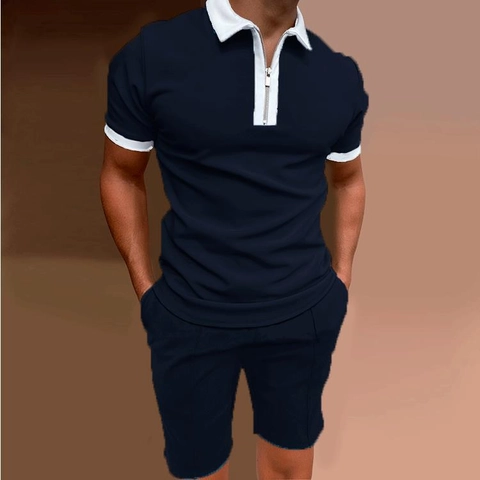Men Zipped Polo Shirt And Shorts Casual Sportswear Contrast Color Knitted Summer Tracksuit For Outdoor Gym Daily Outfits