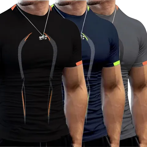 Men's Quick Dry Athletic Compression T-Shirt Short Sleeve Gym Fitness Workout Top With Contrast Piping Breathable Sportswear