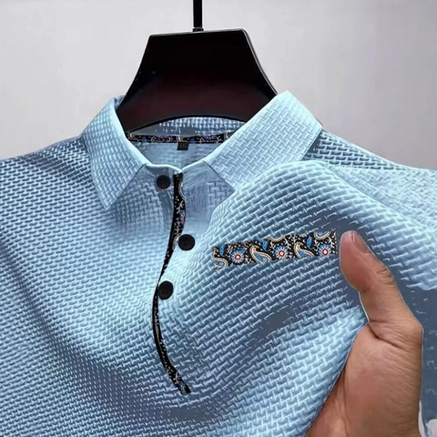 Men's Waffle Knit Polo Shirt Short Sleeve Casual Cotton Blend Button Top With Paisley Patchwork Pocket Detail