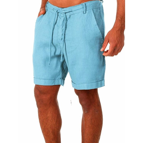 Short Décontracté en Mélange de Coton et Lin pour Hommes Avec Cordon de Serrage Taille Élastique et Rebords Roulés Couleur Unie Short de Plage Été