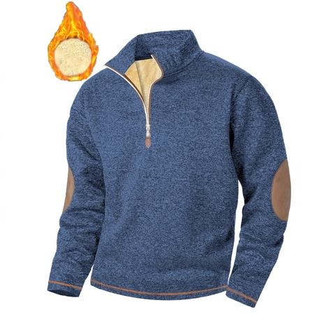 Men's Casual Quarter Zip Pullover Sweatshirt With Warm Sherpa Lining Winter Fleece Lined Top With Leather Elbow Patches