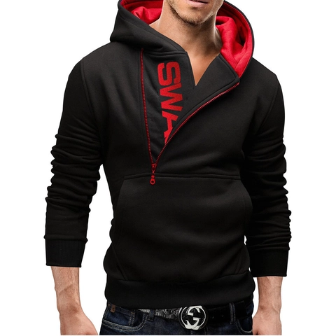 Herren Streetwear Hoodie Asymmetrischer Diagonal Reißverschluss Sweatshirt Kapuzenoberteil Mit Kängurutasche Einfarbig Baumwollmischung