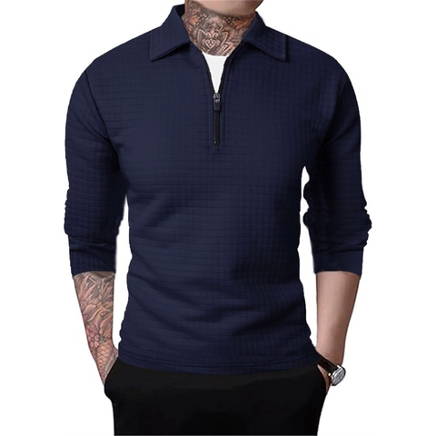 Men Waffle Knit Half Zip Pullover Sweatshirt Casual Solid Color Long Sleeve Lapel Top Polo Collar Lightweight Jacket