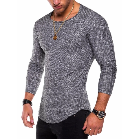 Men's Slim Fit Long Sleeve T-Shirt Ribbed Knit Curved Hem Cotton Blend Casual Fashion Splice Design Autumn Top