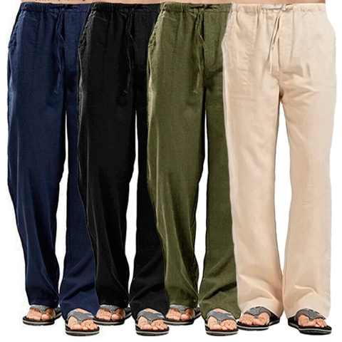 Men's Casual Cotton Linen Blend Pants Breathable Straight Leg Trousers With Elastic Drawstring Waist For Summer Vacation Beach