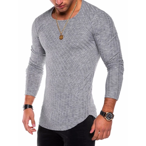 Men's Slim Fit Long Sleeve T-Shirt Ribbed Knit Curved Hem Cotton Blend Casual Fashion Splice Design Autumn Top