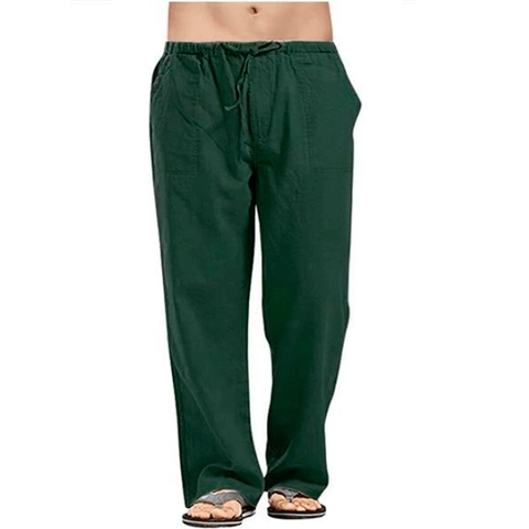 Men's Casual Cotton Linen Blend Pants Breathable Straight Leg Trousers With Elastic Drawstring Waist For Summer Vacation Beach