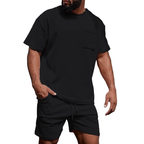 Men's Casual Corduroy Ribbed Two Piece Set Round Neck Short Sleeve T-Shirt And Drawstring Shorts Solid Color Loungewear Outfit