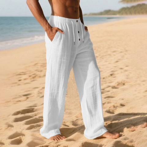 Men's Casual Cotton Linen Trousers Solid Color Drawstring Elastic Waist Beach Pants Breathable Loose Fit Summer Vacation Pants
