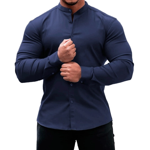 Ανδρικό Πουκάμισο Slim Fit με Όρθιο Γιακά Μακρυμάνικο Μονόχρωμο Casual Πουκάμισο με Κουμπιά για Καθημερινή Χρήση