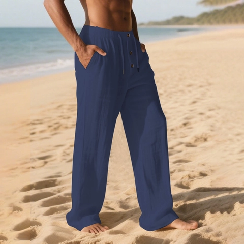 Men's Casual Cotton Linen Trousers Solid Color Drawstring Elastic Waist Beach Pants Breathable Loose Fit Summer Vacation Pants