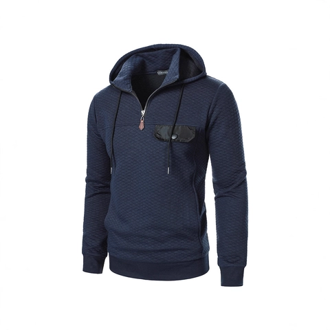 Men's Casual Quilted Hoodie Sweatshirt Half Zip Stand Collar Long Sleeve Sporty Top With Contrast Pocket