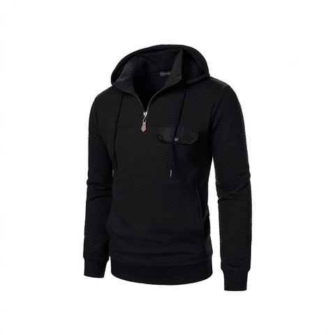 Men's Casual Quilted Hoodie Sweatshirt Half Zip Stand Collar Long Sleeve Sporty Top With Contrast Pocket