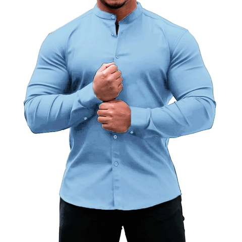 Herren Slim Fit Stehkragen Langarmhemd Einfarbig Casual Mandarin Kragen Button Down Hemd Tops Für Den Alltag