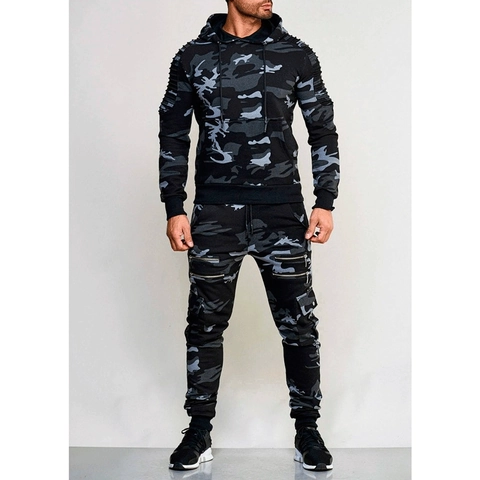 Men's Casual Camouflage Hoodie and Pants Set Sports Tracksuit With Zipper Pockets Ribbed Pleated Sleeve Details Outdoor Workout Jogging Suit For Men Teenagers