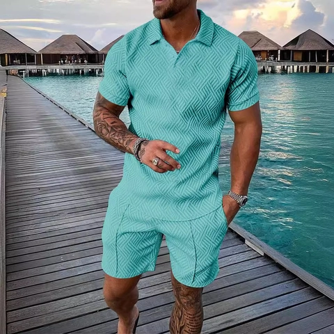 Men Summer Casual Polo Shirt And Shorts Suit Geometric Print Lapel Short Sleeve Two Piece Outfit Loungewear Vacation Sets